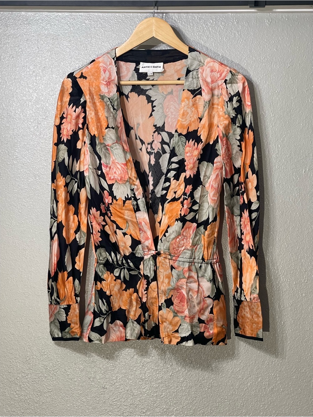 Anti Batik Floral Wrap Top in Black with Peach Bloom -Size S